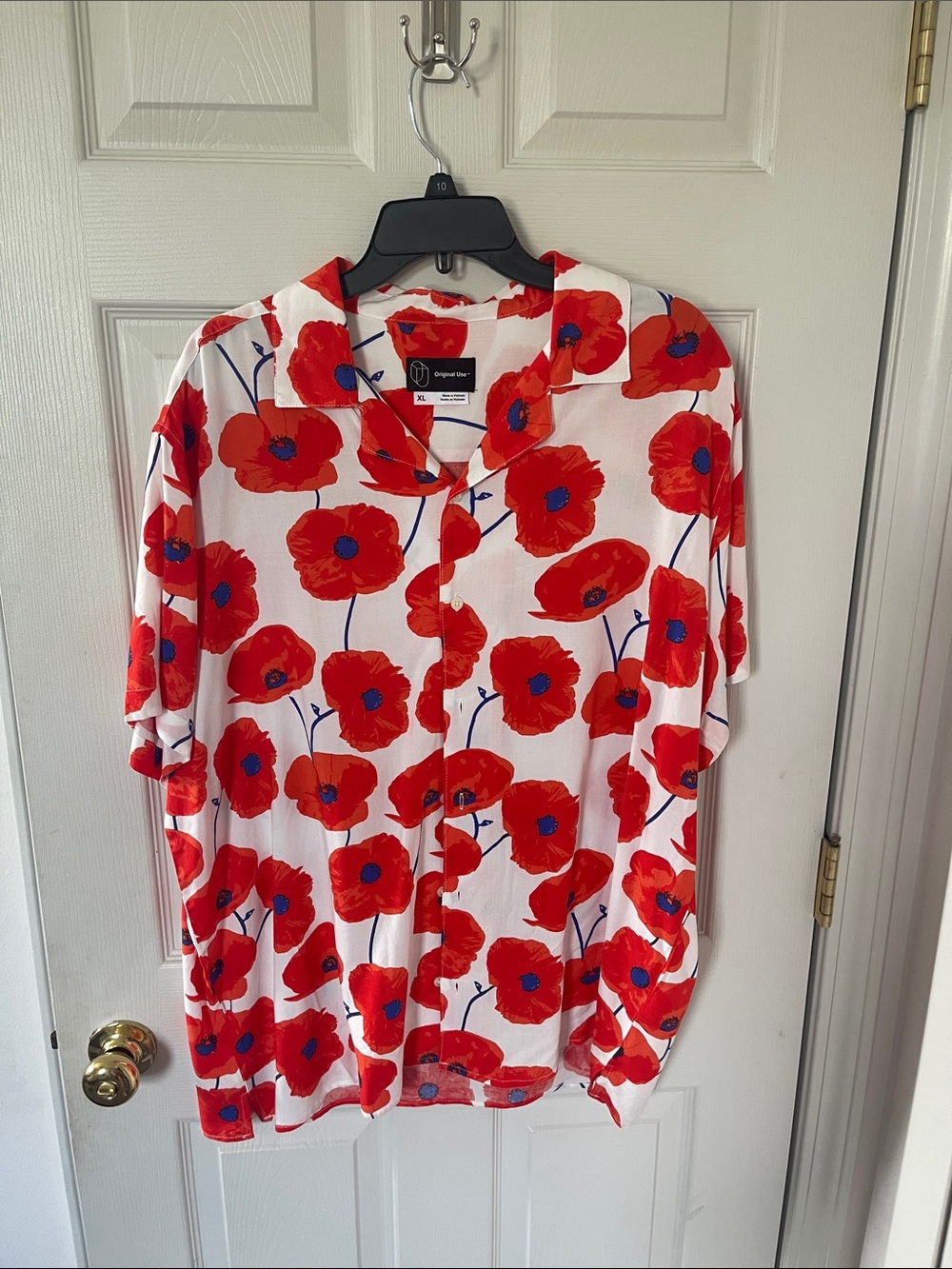 White Button Front Shirt with Bold Red Poppy Print